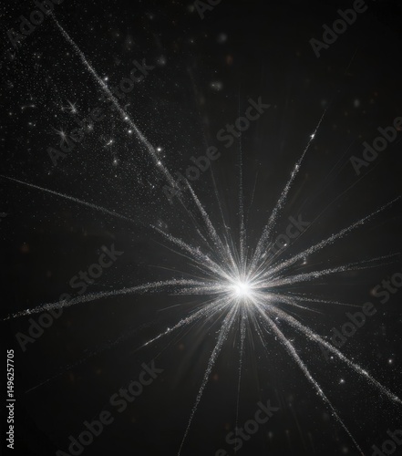 Silver glitter starburst on black, festive twinkle effect, faceted glitter, shiny