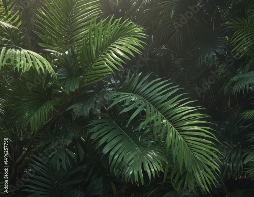 Deep green palm leaves, rich texture, sunlight highlights, fronds, background