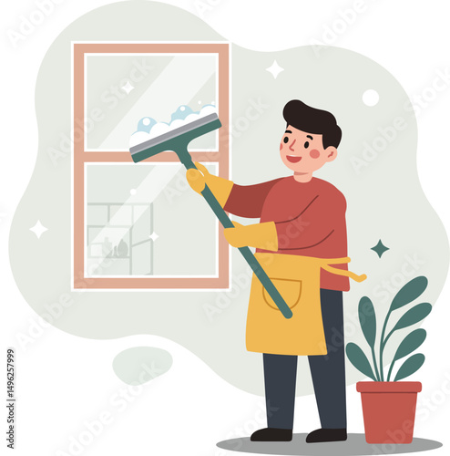 Man cleaning window with squeegee indoor houseplant and sparkling glass vector illustration 