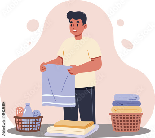 Man Folding Laundry at Home Household Chores Daily Routine Vector Illustration 