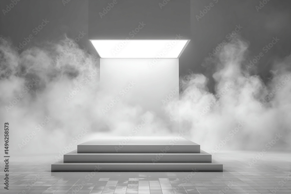 Obraz premium Three-Tiered Platform in Smoky Gray Room with Overhead Lighting