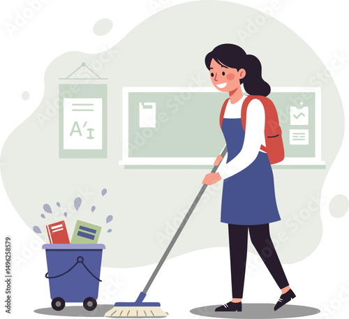 Woman janitor cleaning classroom floor with mop and bucket in educational setting vector illustration 