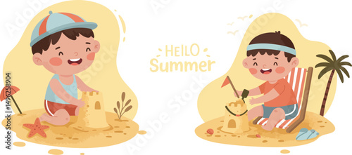 Children playing with sand toys beach summer vacation illustration vector 