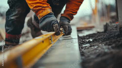 Construction Worker Using Level Tool on Concrete Slab