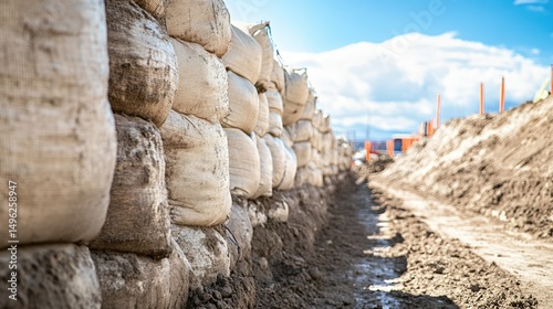 Sandbags reinforce earth retaining wall on construction site under blue sky