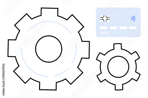 Large and small gear graphics paired with a digital card emphasize automation, technology, and financial operations. Ideal for fintech, innovation, process simplification, digital payments