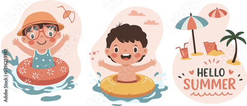Children enjoying summer pool fun with inflatable rings and sunglasses cute kids swimming vector illustration 