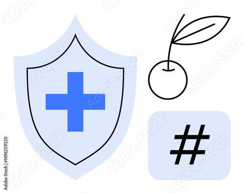 Shield with cross, outline cherry, and metadata tag rectangle. Ideal for health, wellness, safety, nutrition, digital trends, social media simple landing page