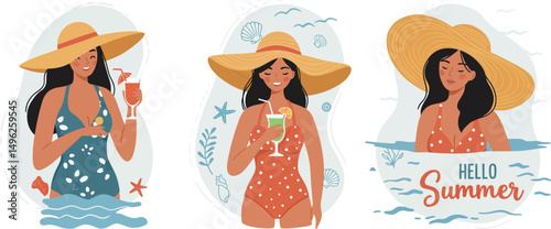Women in summer swimsuits relaxing with sun hats and tropical drinks on beach vector illustration 