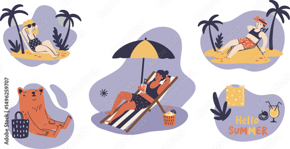 Fototapeta premium Relaxing summer beach holiday with sunbathing people and tropical elements vector illustration 