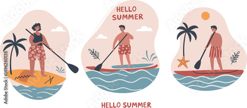 Paddleboarding summer activity with tropical palm trees and sunny beach vector illustration in warm colors 