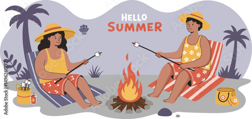 Two Women Relaxing by Campfire in Summer Setting with Palm Trees and Casual Attire Vector Illustration 