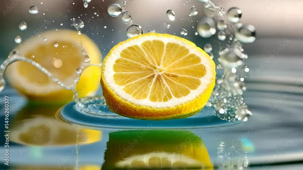 Fresh lemon splash: citrus slice in water with droplets in slow motion
