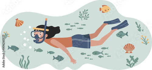 Woman snorkeling underwater surrounded by fish and sea plants in calm water vector illustration 