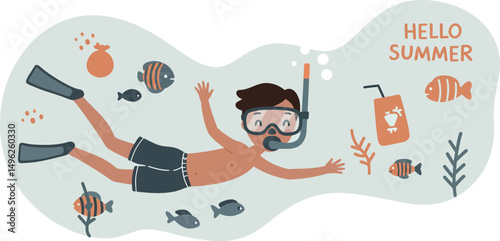 Boy snorkeling under water with tropical fish and hello summer text vector illustration 