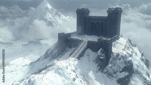 Majestic fortress perched atop a snowy mountain peak