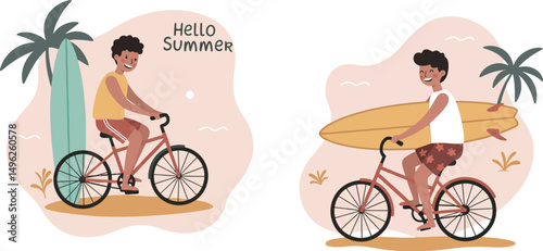 Young man riding bicycle with surfboard and summer theme palm trees vector illustration 