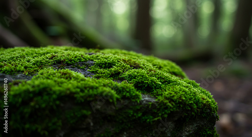 Lush green moss covering a forest rock with a blurred woodland background, perfect for nature themes, environmental content, or serene outdoor designs