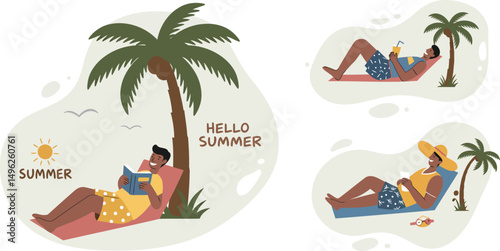 Relaxing man reading book under palm tree enjoying summer beach vacation warm weather vector illustration 