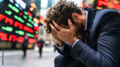 Businessman expresses frustration in a city financial district during a market downturn