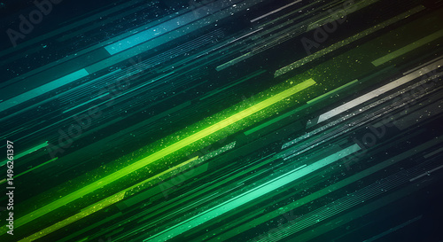 An abstract background featuring dynamic green and blue glowing lines, ideal for illustrating data flow, technology, digital concepts, or futuristic designs.