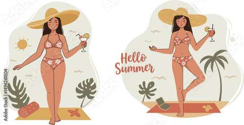 Woman in bikini and wide hat enjoying summer holiday with tropical drink and beach scenery vector illustration 