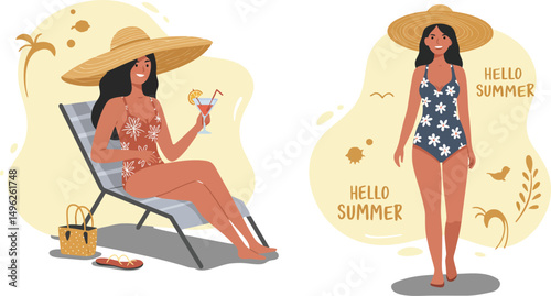 Women enjoying summer beachwear with straw hats and tropical drinks in warm sunny weather vector illustration 