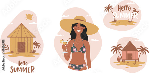 Woman in bikini and hat enjoying tropical summer vacation with beach huts and palm trees vector illustration 