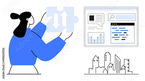 Female figure holding puzzle piece with directional arrows next to computer screen displaying analytics, search bar, and text. Urban cityscape outlines below. Ideal for teamwork, data analysis