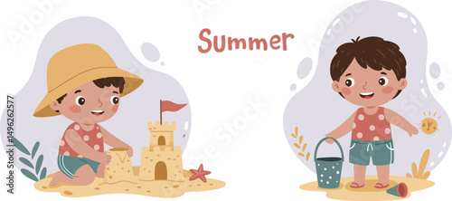 Children Playing with Sandcastle and Bucket on Beach Summer Scene Vector Illustration 