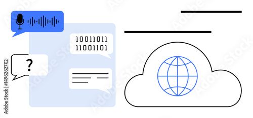 Speech bubble with microphone and waveform, binary code, cloud with globe. Ideal for AI, data transfer, cloud computing, machine learning, global network, voice recognition flat simple metaphor