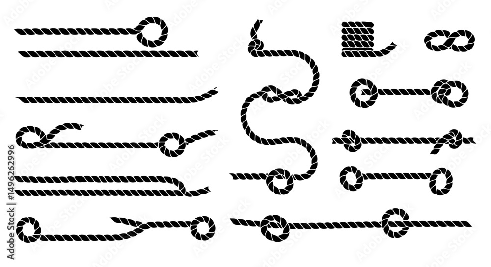 Knots: Detailed depiction of various knots, each meticulously crafted with strong, dark ropes, offering a visual guide to knot tying, suitable for practical applications.