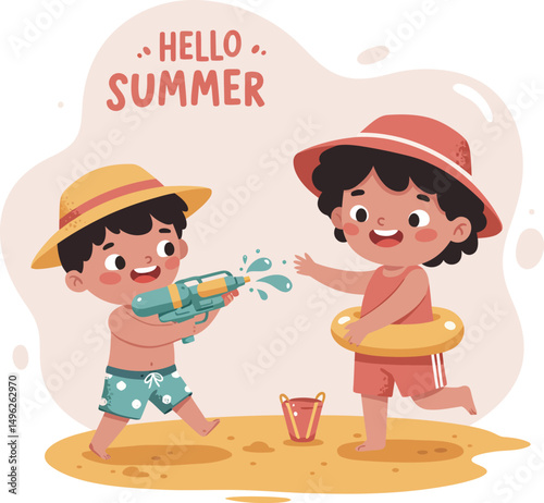 Kids playing with water gun and inflatable ring on beach summer vacation illustration vector 