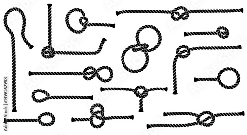 Knots illustration: A collection of intricately tied knots, presented in a crisp monochrome palette, illustrating various tying techniques and their respective structures.