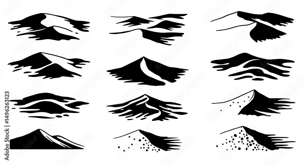 Obraz premium Sand Dune Sketches: A captivating collection of black and white illustrations showcasing the mesmerizing forms of sand dunes, evoking a sense of the vastness and serenity of desert landscapes.