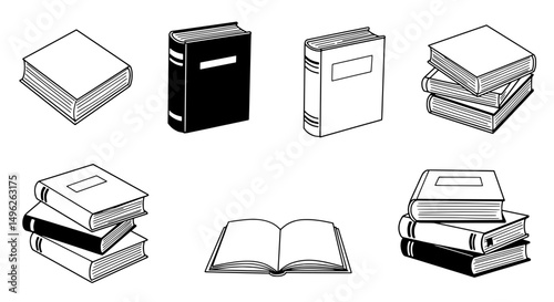 Book Collection: A collection of various books are showcased in a simple and elegant manner. The arrangement includes closed books, open books, and stacks of books.