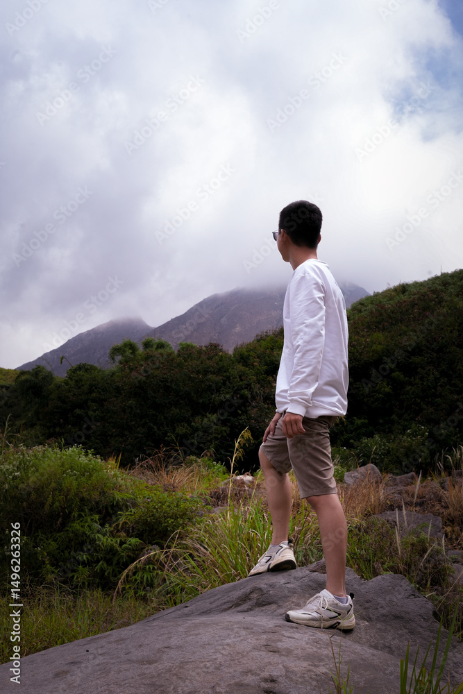 Fototapeta premium Man Exploring Nature with a Stick in a Lush Green Landscape