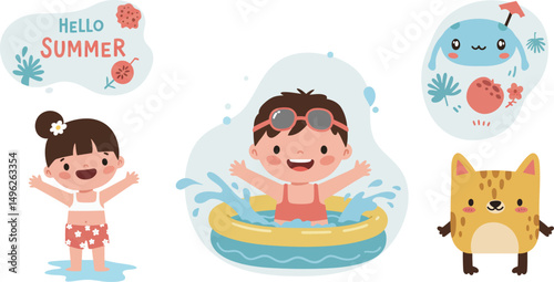 Children enjoying summer swimming pool fun with inflatable ring and friendly cat vector illustration 