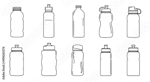 Water Bottle Icon Set: A minimalist, streamlined design set of water bottles for branding, mobile apps or web design. Featuring various styles of water bottles.