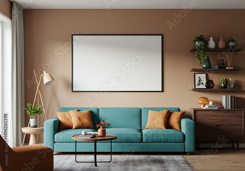 A stylish modern living room with a prominent blank frame, ideal for showcasing designs, home decor, or advertising. Perfect for real estate, interior design, and lifestyle content.