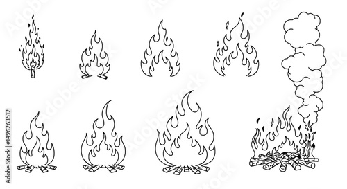 Ethereal Fire Illustration: A captivating illustration showcases several stylized representations of fire, ranging from a small flame to a roaring blaze.
