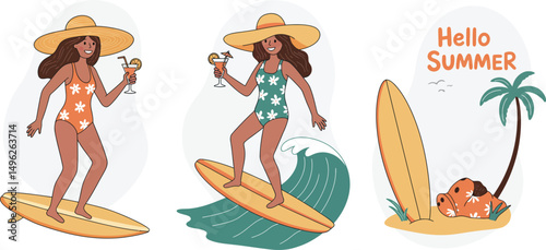 Woman in swimsuit and sunhat surfing and relaxing by palm tree summer vector illustration 