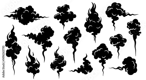 Black Smoke Silhouette: A collection of intricately detailed black smoke silhouettes, each shape and form capturing the dynamic and ominous presence of smoke.