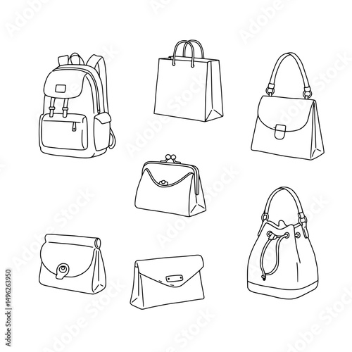 Elegant Handbag Variety: Explore a curated collection of diverse handbags, each piece meticulously illustrated with sleek lines. Capturing the essence of fashion and accessories.