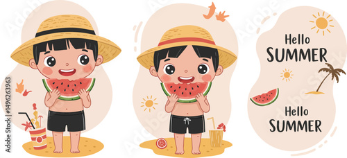 Cute boys eating watermelon in summer with straw hats and beach sand vector illustration for seasonal fun and sunny days 