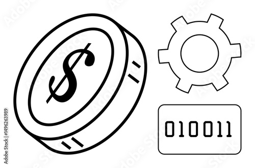 Coin with dollar symbol, binary code, and gearwheel suggesting digital economy, technology, and innovation. Ideal for finance, cryptocurrency, fintech, blockchain coding IT systems simple landing