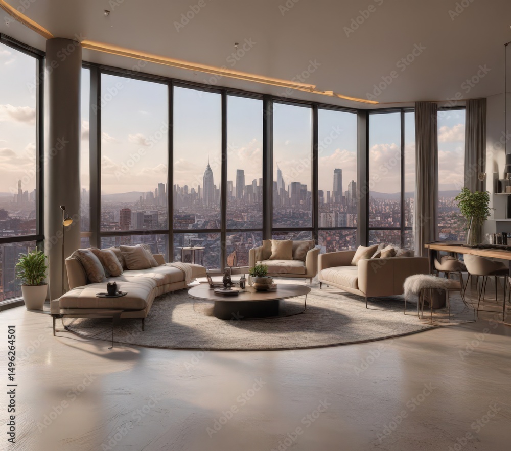 Fototapeta premium Luxurious apartment interior with panoramic city views, window, sunset view, bright