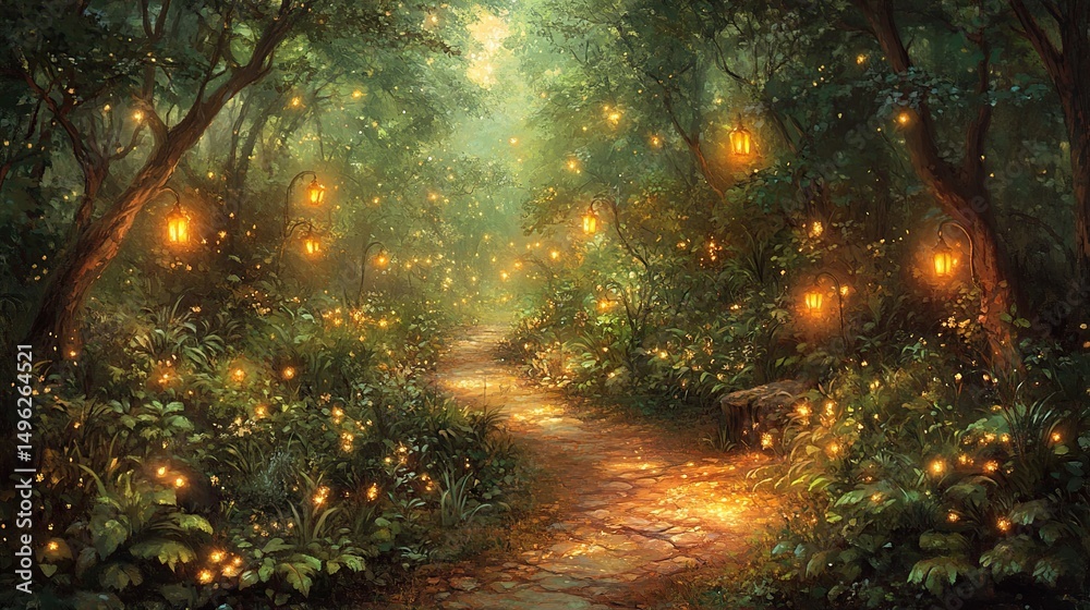 Fototapeta premium Enchanting forest path bathed in warm light