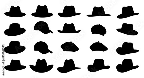 Hat Silhouettes: An arrangement of various hat silhouettes, perfect for design or fashion projects. A collection of different hat styles in shadow form.