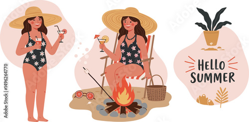 Women enjoying summer vacation with drinks and campfire in colorful swimsuits and sun hats vector illustration 